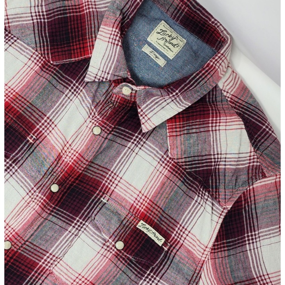 Lucky Brand Shirt Mens Large Red Plaid Pearl Snap Long Sleeve Lined Western EUC